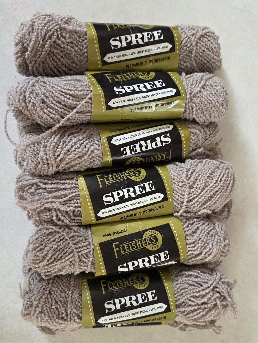 Vtg 1950s & 60s Fleishers Spree Yarn Wool/acrylic/Nylon Taupe 12- 1 oz Skeins